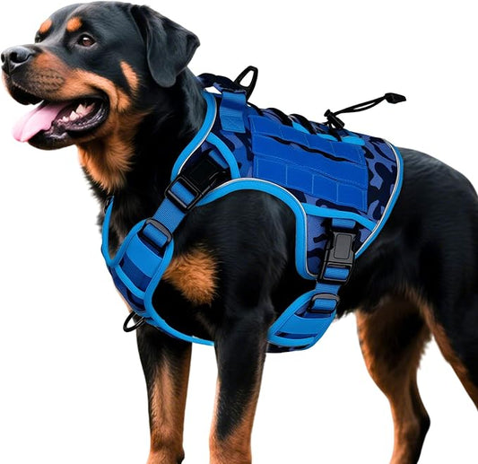 Heavy-Duty Tactical Dog Harness for Large Dogs, No Pull Adjustable Reflective Pet Vest with Molle System, K9 Military-Grade Control for Service Training, Outdoor & 10+ Breeds, Blue Camo, XX-Large