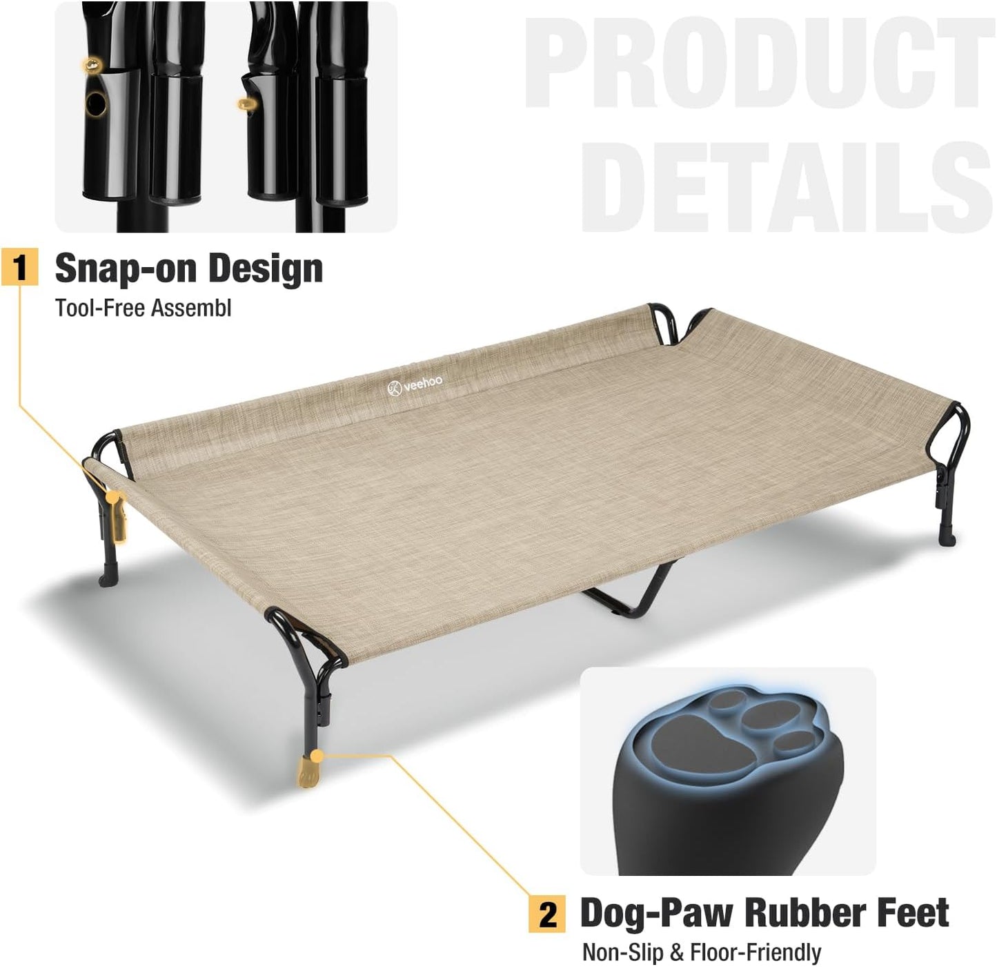 Veehoo Cooling Elevated Dog Bed, XL Raised Pet Cot with Guardrail & Slope Headrest, Durable Breathable Teslin Mesh, Non-Slip Feet, Washable Dog Couch Bed for Indoor & Outdoor, 50.5" x 33.5", Beige