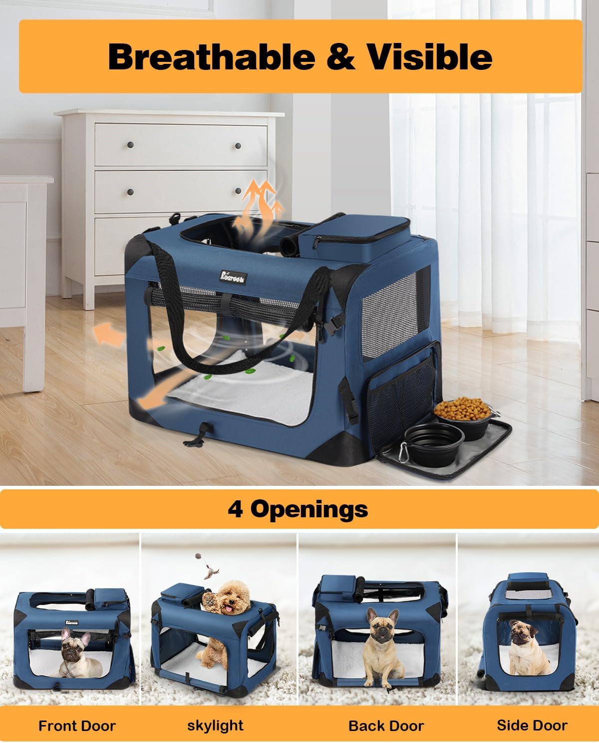 Extra Large Dog Crate with 2 Foldable Bowl, 40 Inch Collapsible Travel Dog Crate Kennel with Soft Blanket for Medium Dogs,Indoor & Outdoor (40" L x 27" W x 27" H, Navy)