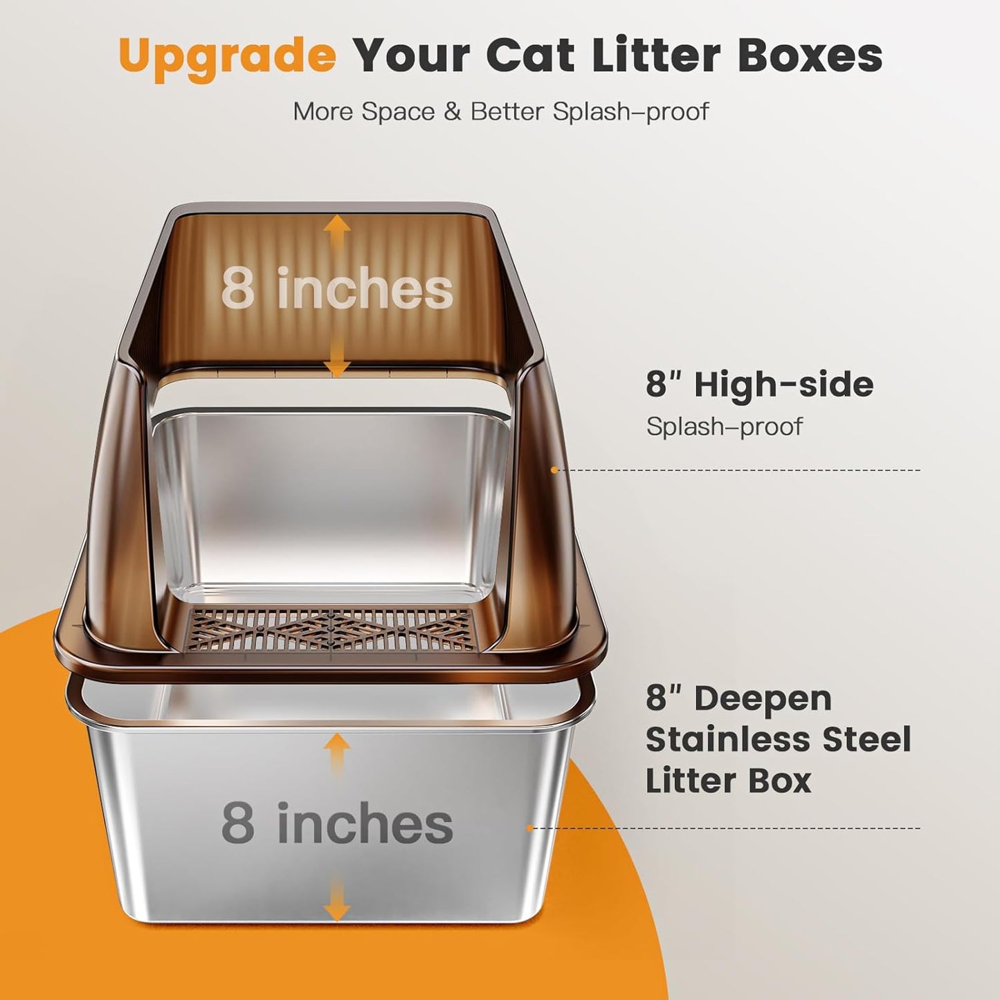 Tripamin 15” XL Stainless Steel Cat Litter Box Enclosure, XXL Stainless Steel High Sides with Lid, Extra Large Metal Cat Litter Box (Translucent Brown, XX-Large)