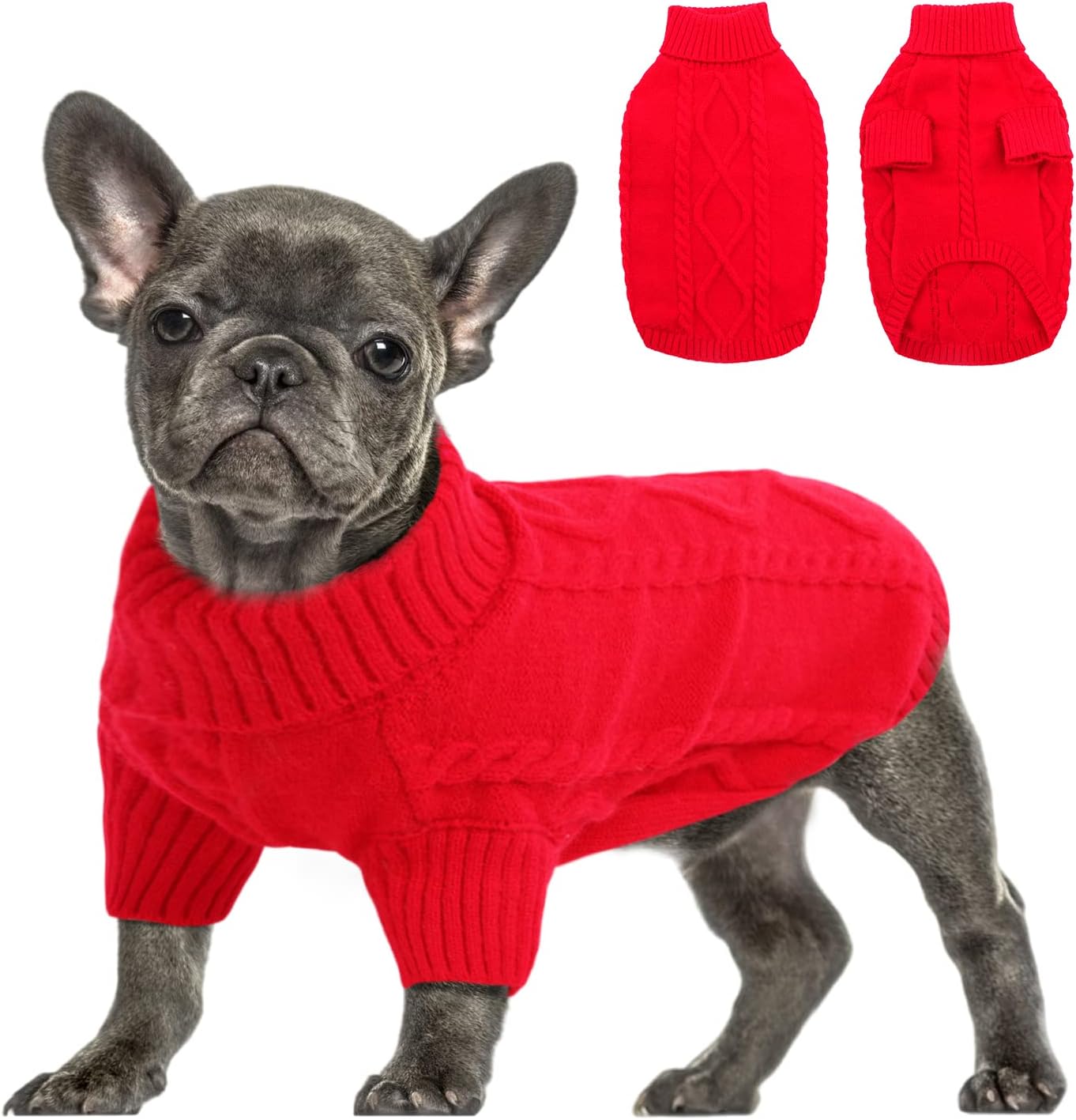 Queenmore Small Dog Pullover Sweater, Cold Weather Cable Knitwear, Classic Turtleneck Thick Warm Clothes for Chihuahua, Bulldog, Dachshund, Pug (Red, X-Small)