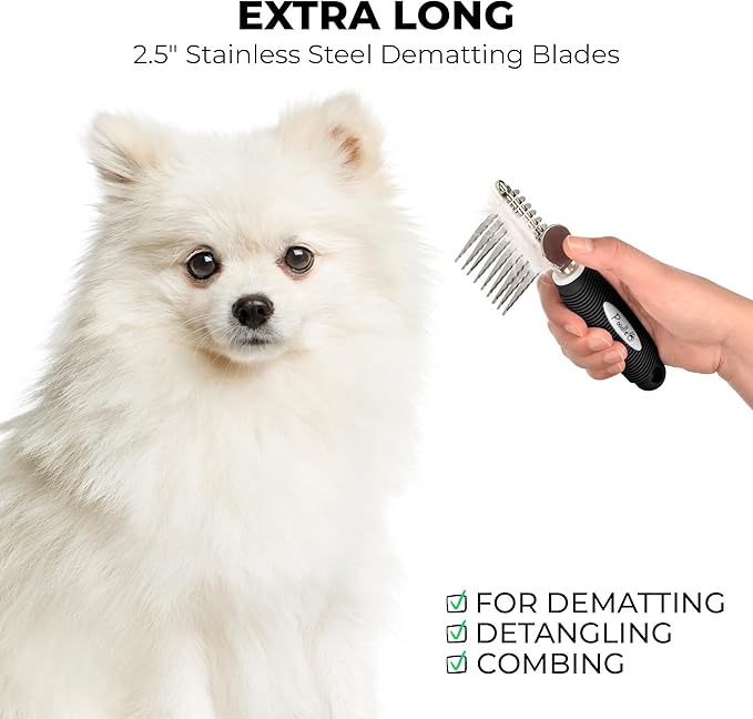 Poodle Dematting Fur Rake Comb Brush for Dogs and Cats - Long 2.5" Steel Safety Blades Metal Comb for Detangling Matted or Knotted Undercoat Hair