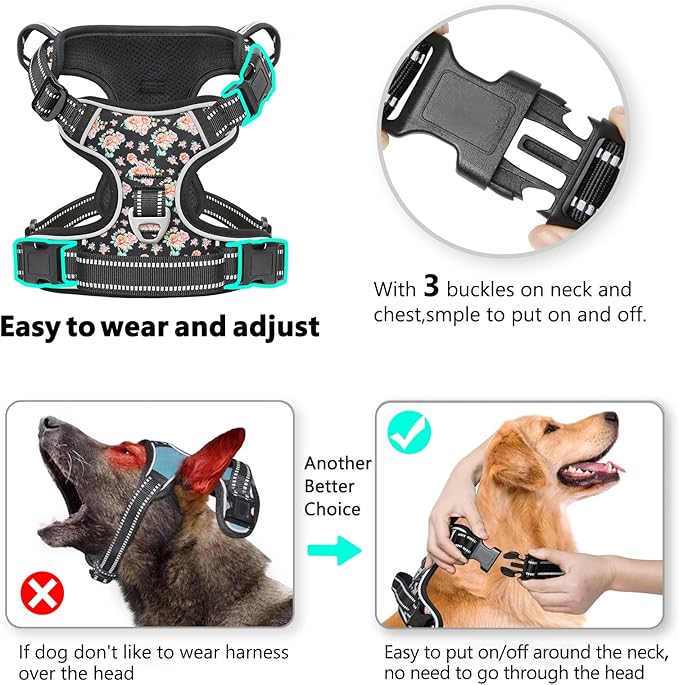 Timos Dog Harness, 3 Snap Buckles No-Pull Soft Padded Dog Vest with 2 Metal Leash Clips,Adjustable Reflective No Choke Pet Harness with Easy Control Handle for Small Dogs,Black Rose,S