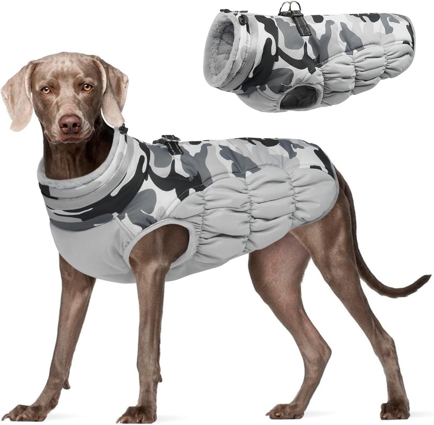 FUAMEY Dog Coat for Large Dogs,Waterproof Dog Winter Jacket with Harness Built in Puppy Cold Weather Coats Reflective Pet Vest with Zipper Warm Fleece Dogs Snowsuit Windproof Grey Camo L