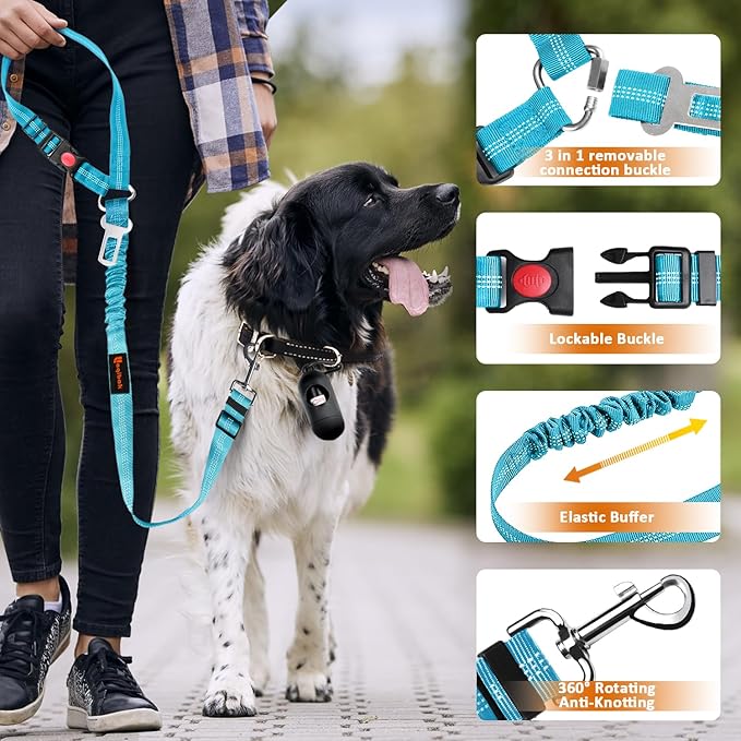 Removable Dog Seat Belt Harness for Car, 3 in 1 Pet Dog Car Seatbelt Leash, Retractable Restraint Secures to Vehicle Headrest & Adjustable Reflective Bungee Dog Seatbelt Tether, Blue
