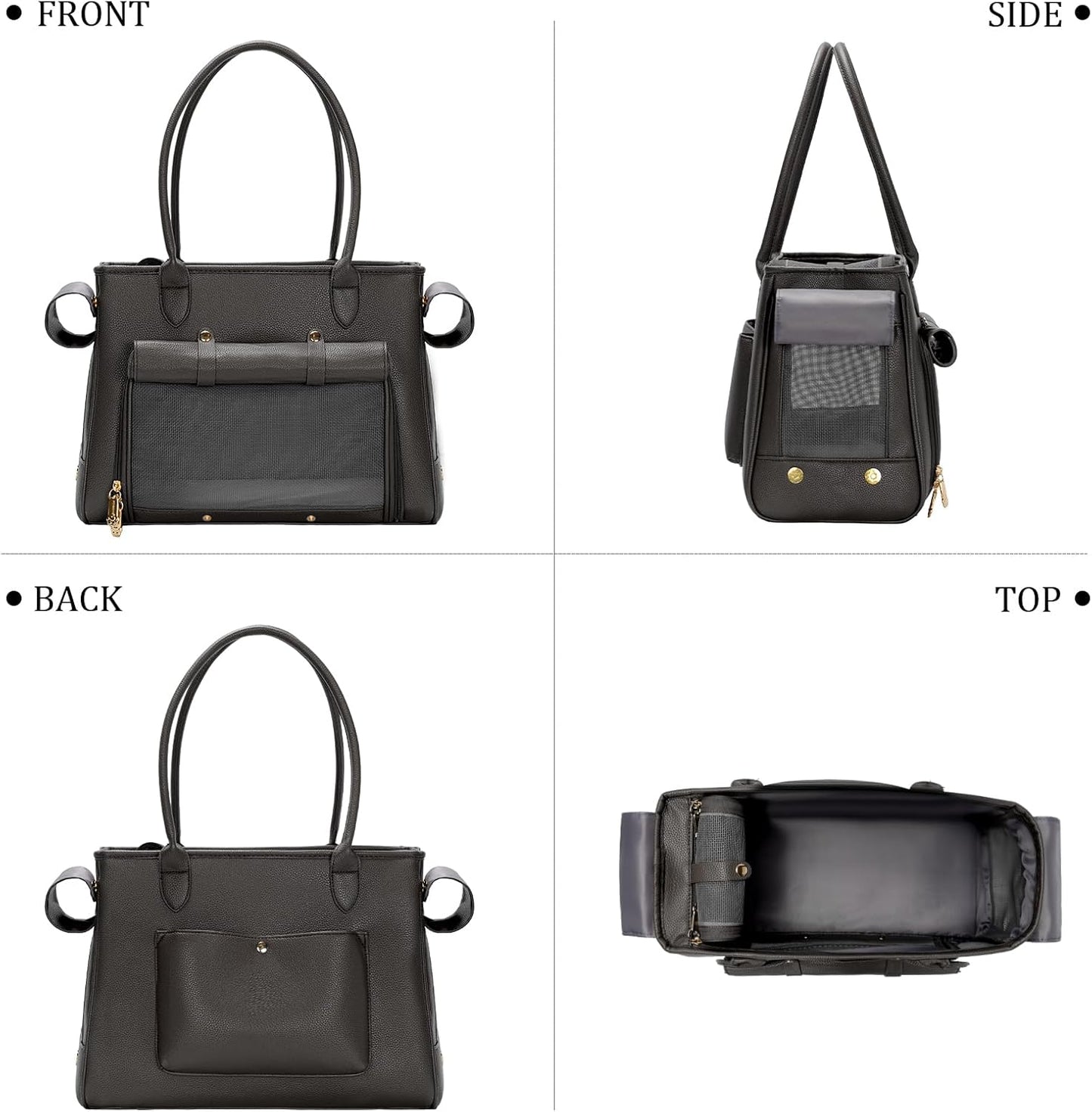 Fashion Pet Carrier Purse for Small Cat and Dog, Luxury Pu Soft-Sided Tote Bag with Large Pockets for Dogs and Puppies (Black, 15.8" L x 7.5" W x 11.8" H)