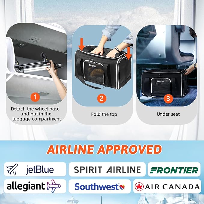 Petskd Top-Expandable Pet Carrier with Wheels 17x12x8.5 Inches JetBlue Allegiant Spirit Airline Approved, Soft-Sided Carrier for Small Cat Dog with Locking Safety Zippers and Anti-Scratch Mesh(Black)