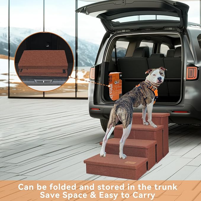 Dog Stairs with Condo 23" H, 4-Step Wider Dog Steps for High Beds Window, Folding Storage Pet Stairs Gift for Small/Medium/Large Old Dogs Cats, Ramp for Climbing Car Hold Up to 200 lbs, Brown