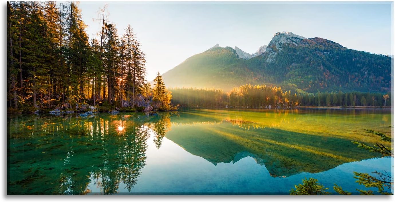 Beautiful Lake Mountain Range Sunrise Sunset Landscape Canvas Wall Art for Living Room, Autumn Forest National Park Scenery, Nature Scenic Picture Print Artwork Painting Decor,Inner Frame 20x40