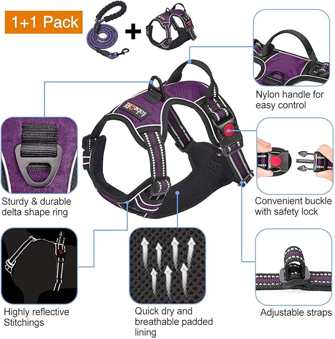 No Pull Dog Harness Adjustable Reflective Oxford Easy Control Medium Large Dog Harness with A Free Heavy Duty 5ft Dog Leash (XL (Neck: 21.5"-33", Chest: 30"-39.5"), Purple Harness+Leash)