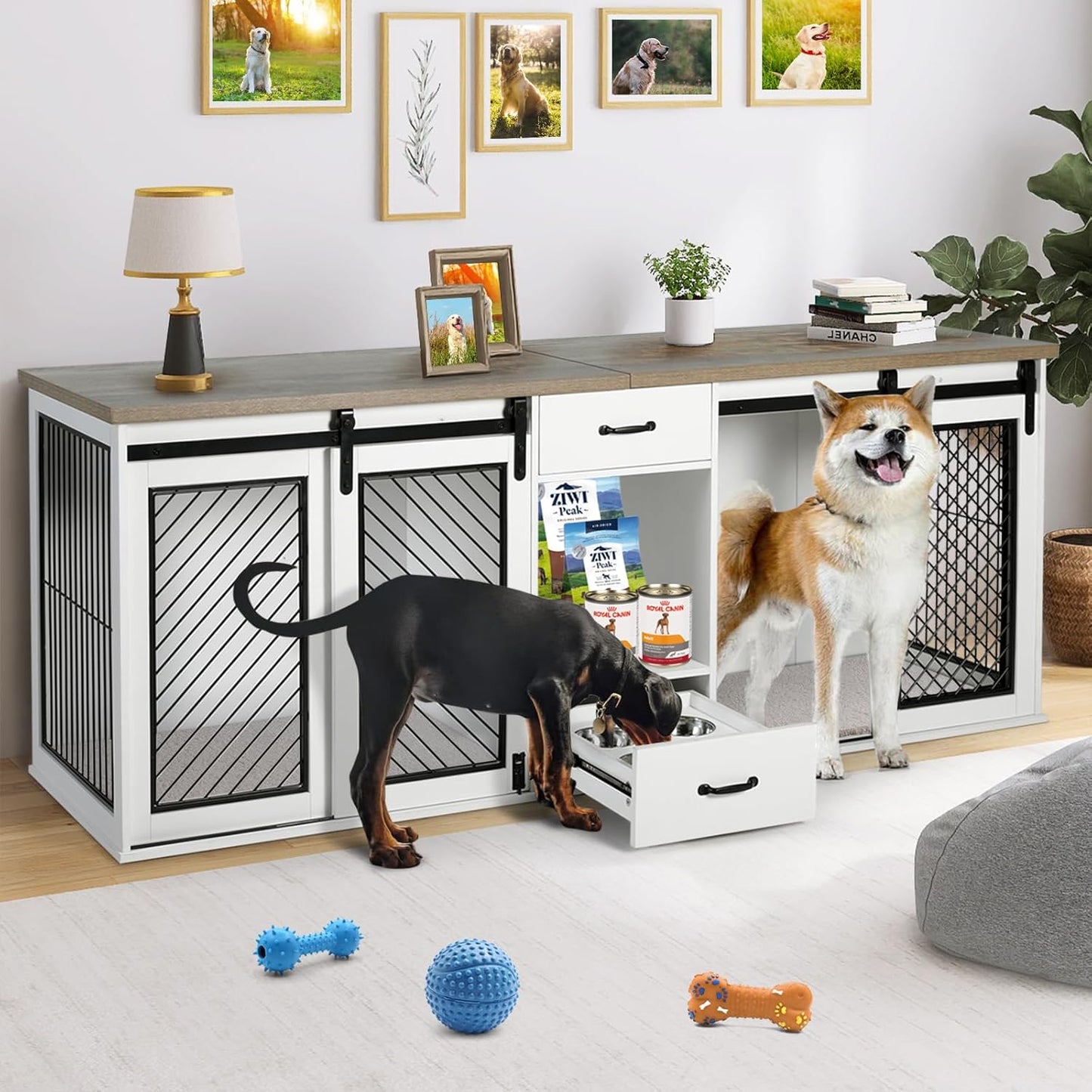 Extra Large Dog Crate Furniture, 85" Sliding Door Double Kennel for 2 Large Dogs Divided, Heavy Duty Wooden Dog Crate Kennel Furniture with 4 Dog Bowls and Drawer Indoor, White