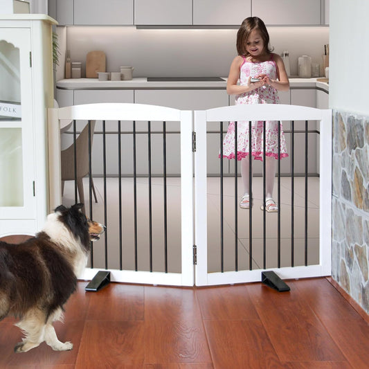 ZJSF Freestanding Foldable Indoor Dog Fence for Stairs Wood White Long Pet Gates for Dogs, Dog Gates for Hallways,Puppy Gates for House Support Feet Included 24 "Height-2 Panels