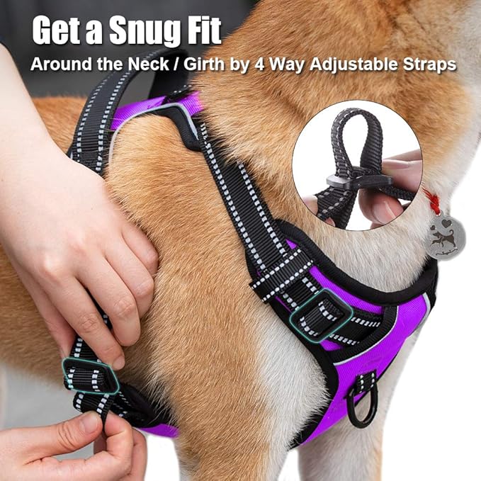 PoyPet No Pull Dog Harness, Reflective Comfortable Vest Harness with Front & Back 2 Leash Attachments and Easy Control Handle Adjustable Soft Padded Pet Vest for Small to Large Dogs (Purple,XS)