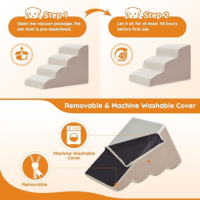 Pet Stairs for Small Dogs - 3-Step Curved Dog Ramp for Bed, Couch, Sofa, Car and Chairs - Non-Slip Bottom Design - Cat Scratching Board - High Density Foam Portable Pet Step - Beige