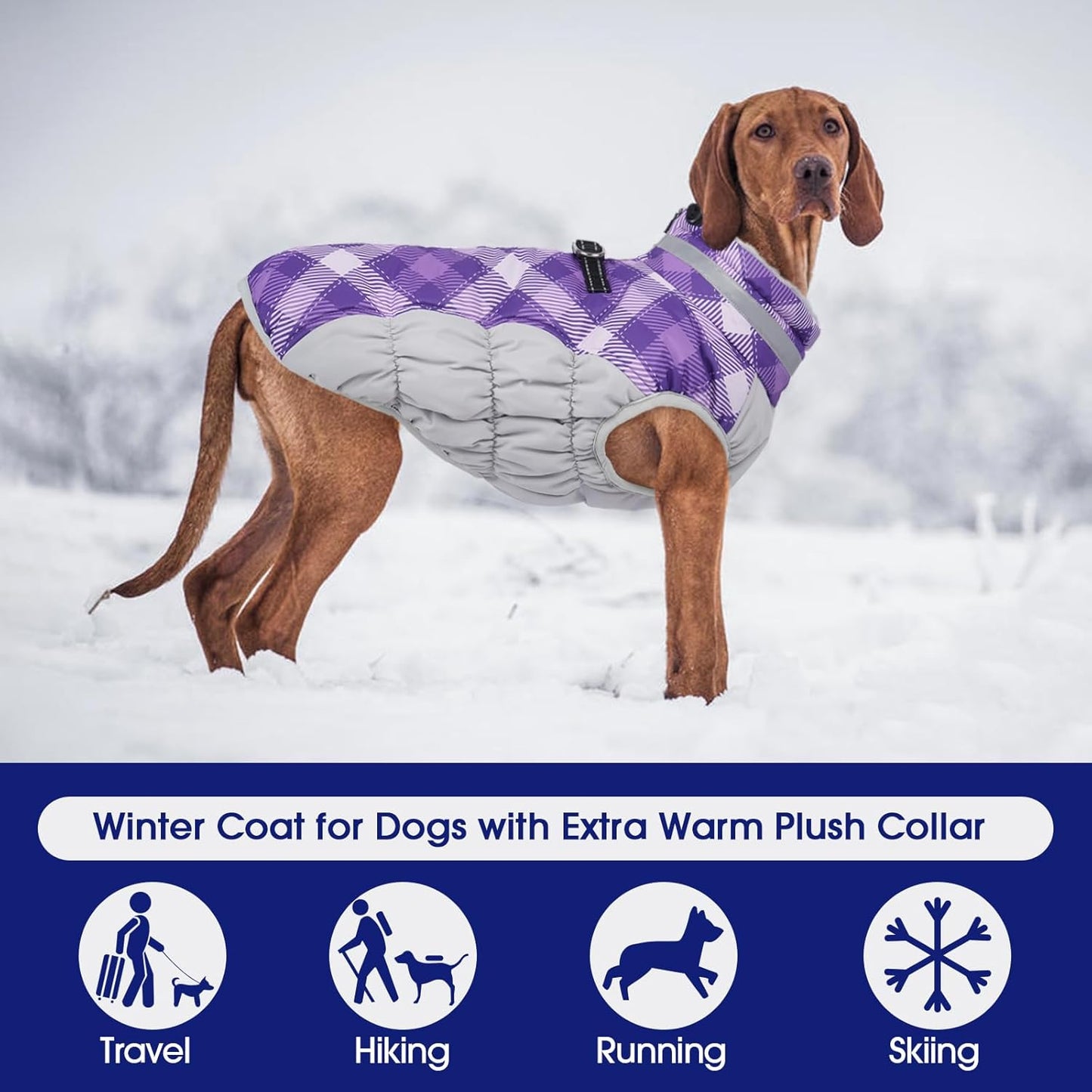 FUAMEY Dog Coat for Large Dogs,Waterproof Dog Winter Jacket with Harness Built in Puppy Cold Weather Coats Reflective Pet Vest with Zipper Warm Fleece Dogs Snowsuit Windproof Purple Plaid 3XL