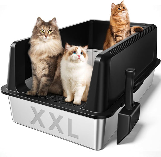 Zarler XXL Stainless Steel Litter Box, Extra Large Cat Litter Boxes 27.8" L x 20" W x 12.9" H, Jumbo Metal Litter Box with Lid for Multiple Cats, High Sided, Non-Sticky, Anti-Urine Leakage (Black)