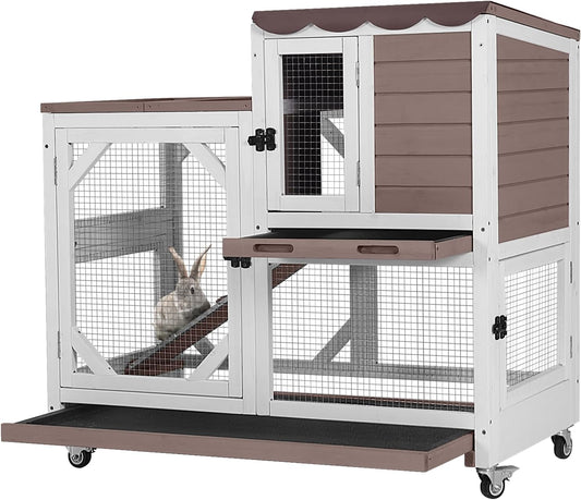 GUTINNEEN Rabbit Hutch Indoor Outdoor 2 Story Bunny House on Wheels Wood Rabbit Cage with 2 Pull Out Trays Guinea Pig Cage