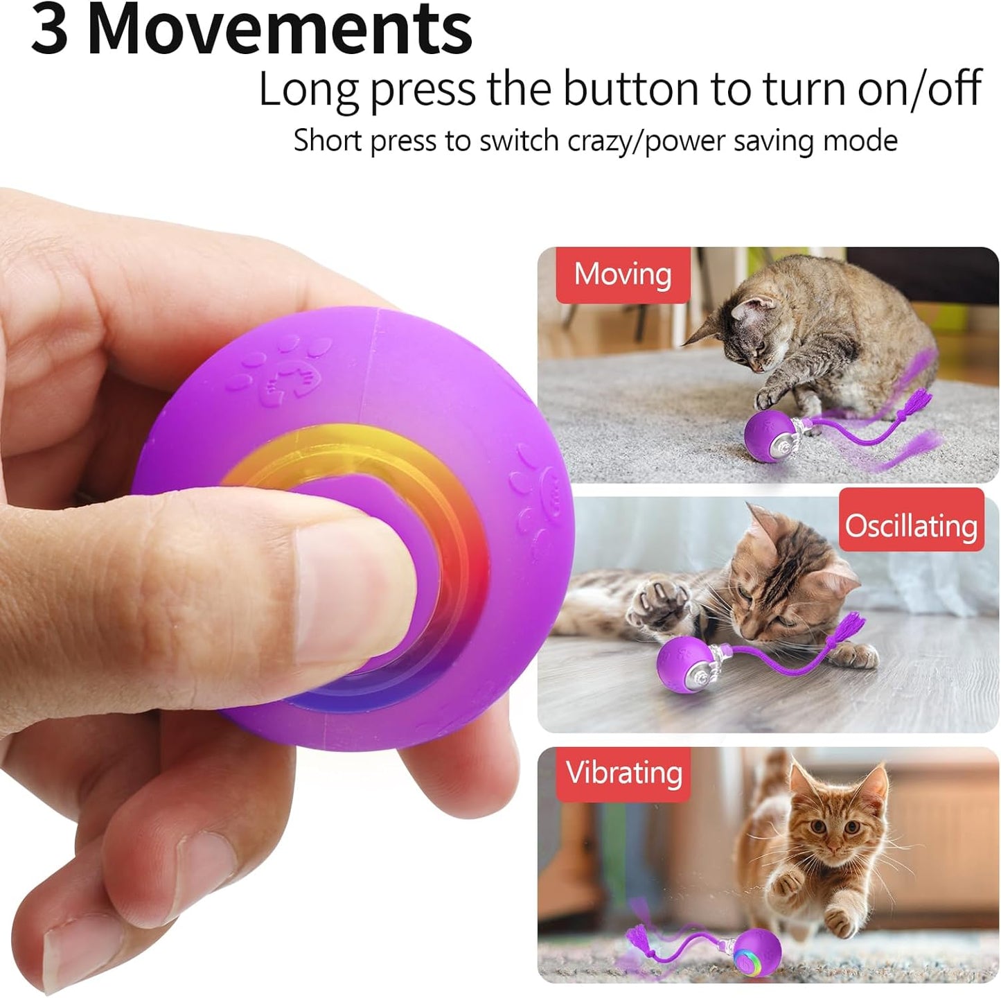 Interactive Cat Toys, Automatic Moving Cat Toys for Bored Indoor Adult Cats, Fast Rolling, Chirping & Motion-Activated Kitty Toys, Fun Gift for Cats with Speedy Tail 2.0, USB Rechargeable, Purple