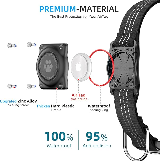 Upgraded AirTag Dog Collar, IP68 Waterproof Air Tag Dog Collar Holder, Reflective, Ultra-Durable, Comfortable Padded, Heavy Duty Dog Collars for Small Medium Large Dogs (XL (15.6"-22"), Black)
