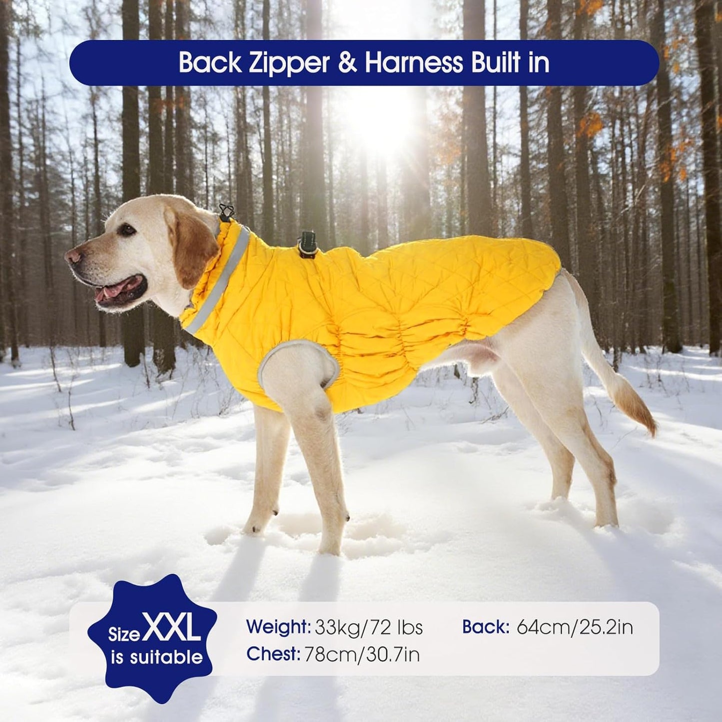 FUAMEY Dog Coat for Large Dogs,Waterproof Dog Winter Jacket with Harness Built in Puppy Cold Weather Coats Reflective Pet Vest with Zipper Warm Fleece Dogs Snowsuit Windproof Yellow L