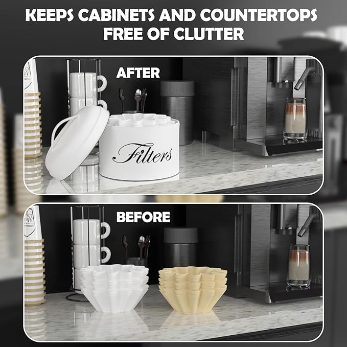 Coffee Filter Holder, White Basket Coffee Filter Storage with Lid, Round CoffeeFilter Container for Counter, Rustic Farmhouse Coffee Bar Accessories Decor (White)