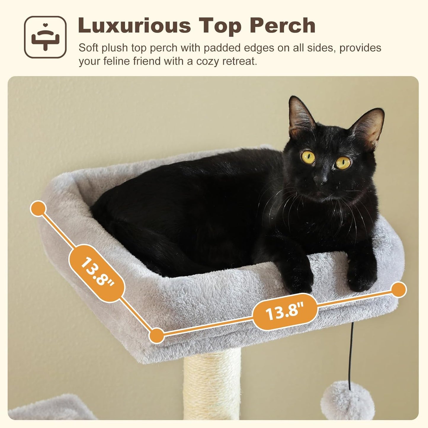 Cat Tree for Indoor Cats, 62-Inch Multi-Level Cat Tower with Scratching Posts for Large Cats, 2 Bigger Plush Condos, Padded Platform, Soft Cat Bed and Scratching Pad, 2 Pompoms, Gray