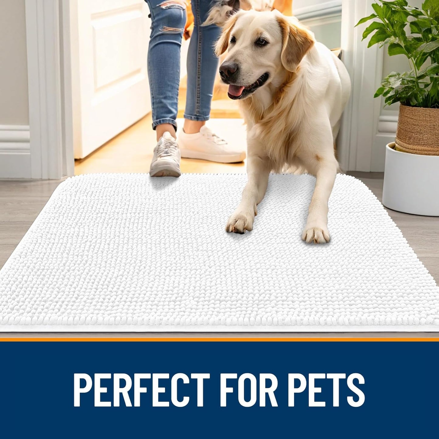 OLANLY Dog Door Mat for Muddy Paws 36x24, Absorbs Moisture and Dirt, Absorbent Non-Slip Washable Doormat, Quick Dry Chenille Mud Mat for Dogs, Entry Indoor Entryway Carpet for Inside Floor, White