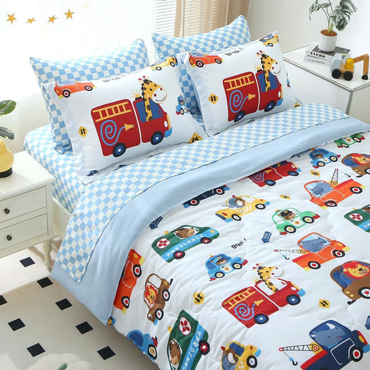 Kids Cars Animal Comforter Set Full Size for Boys Girls Teens 7 Piece Cartoon Construction Fire Truck Excavator Police Ambulance Lion Cat Dog Elephant Bedding Set Bed in A Bag,Colourful