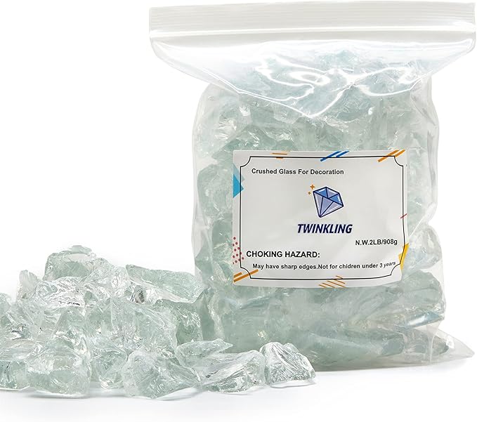 TWINKLING High Luster Fire Glass Gravel Stone,Broken Glass,Fire Pit Glass,Crushed Glass for Fireplace Pit Aquarium Garden Decoration,1-3cm,2-Pound Jar (Crystal/Transparent)