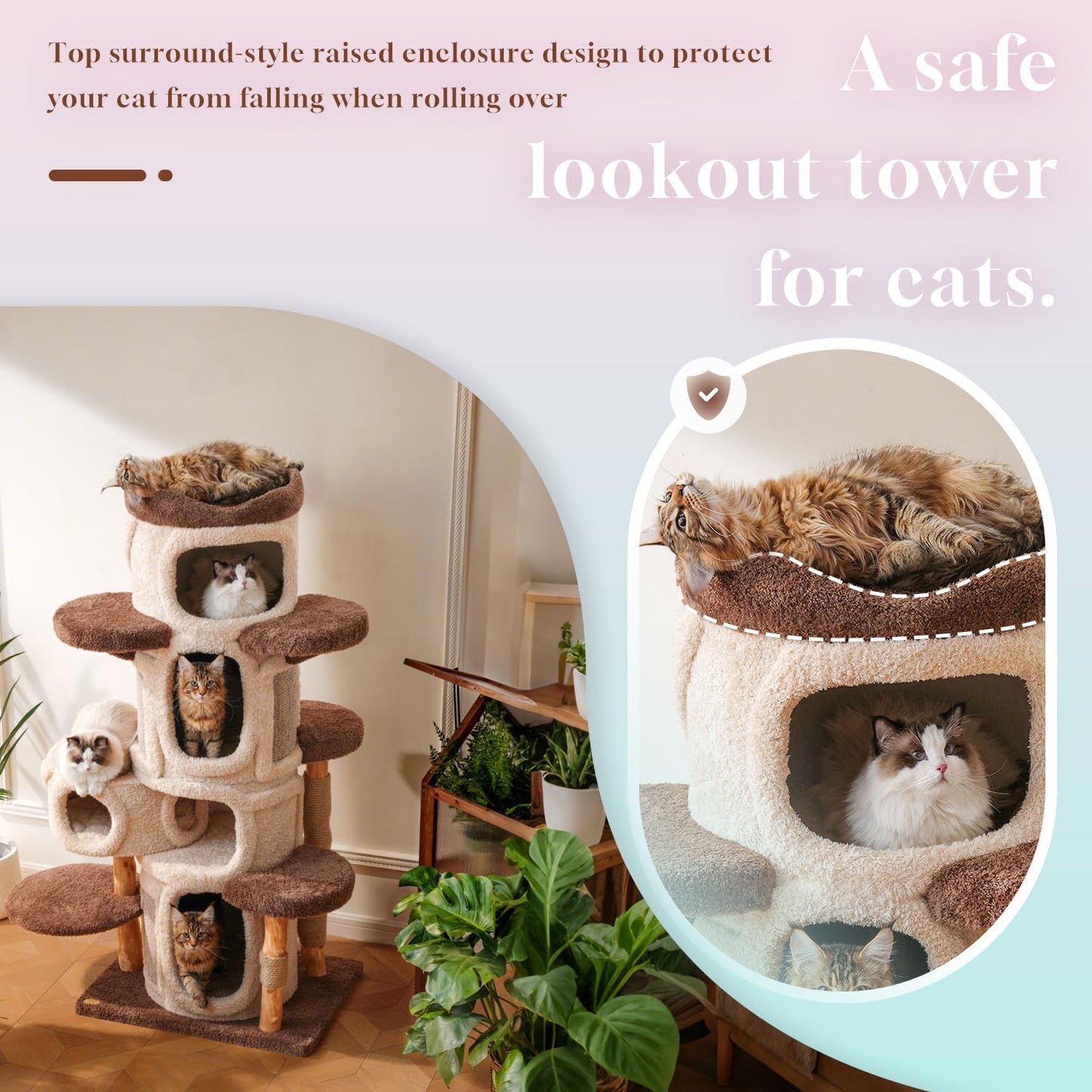 70" Heavy Duty Cat Tree for Large Cats with Toys, All-in-One Cat Tower with Cat Perch, Tall Cat Tower with Scratching Post, Brown Modern Cat House