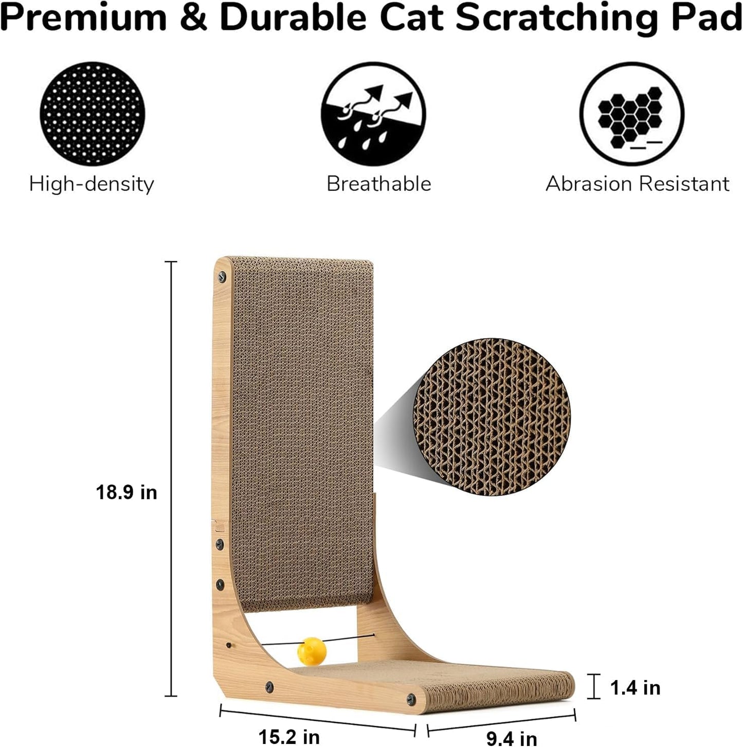FUKUMARU Cat Scratcher, 18.9 Inch L Shape Cat Scratch Pad, Vertical Cat Scratcher Wall Mounted, Cat Scratching Cardboard with Ball Toy for Indoor Cats