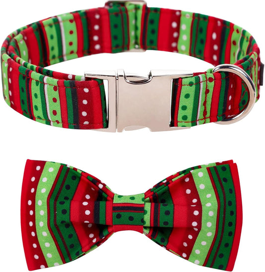 Lionet Paws Christmas Dog Collar with Bowtie, Dog Bowtie Collar with Metal Buckle for Dogs and Cats, Adjustable Comfortable Dog Collar Girl Boy Gift, S, Neck 10-16 in