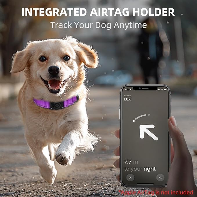 Airtag Dog Collar - 100% Waterproof Air tag Dog Collar Holder for Apple AirTag, Reflective, Soft Padded, Everlasting, GPS Dog Collar for Small Medium Large Dogs (Purple, L)