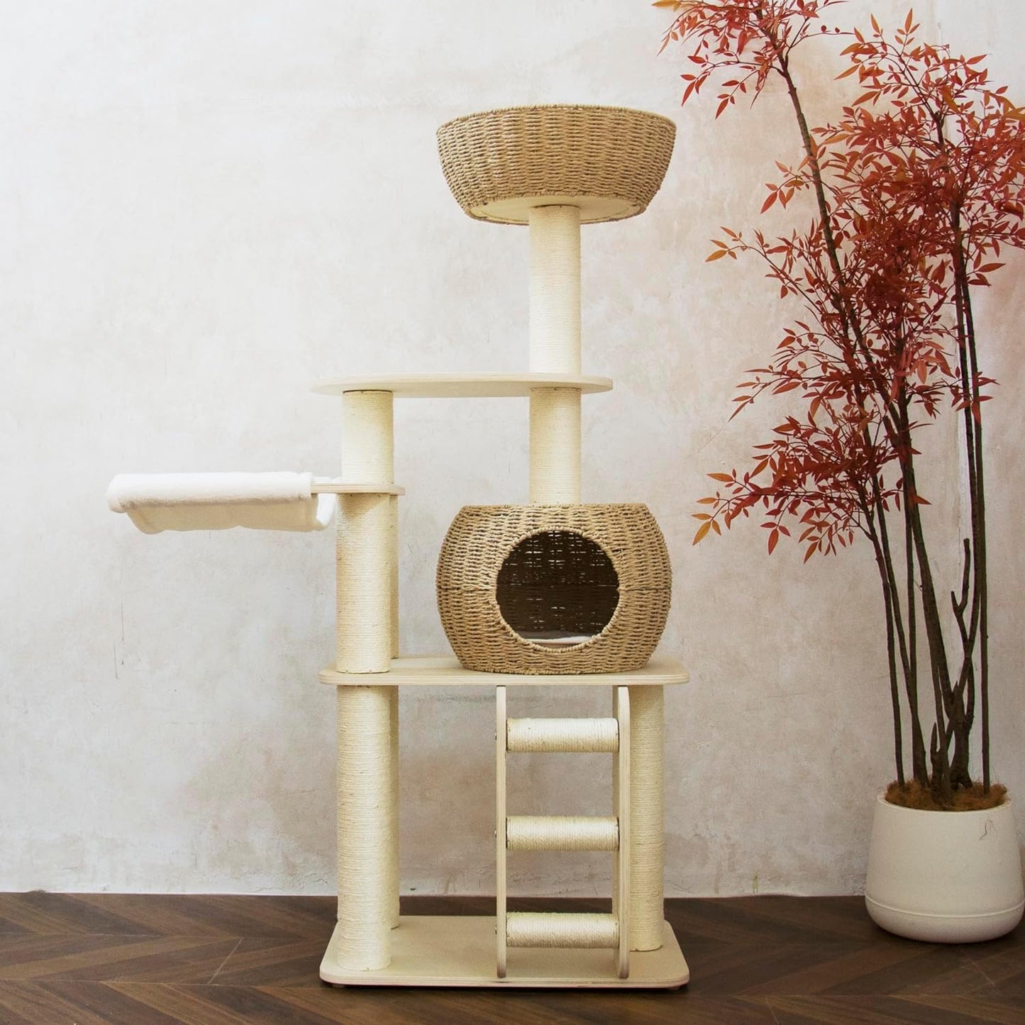 54 Inch Cat Tree for Indoor Cats, Tall Wooden Cat Tower with Scratching Posts, Rattan Condo and Perch, Multi-Level Cat Climber, Stylish Pet Furniture