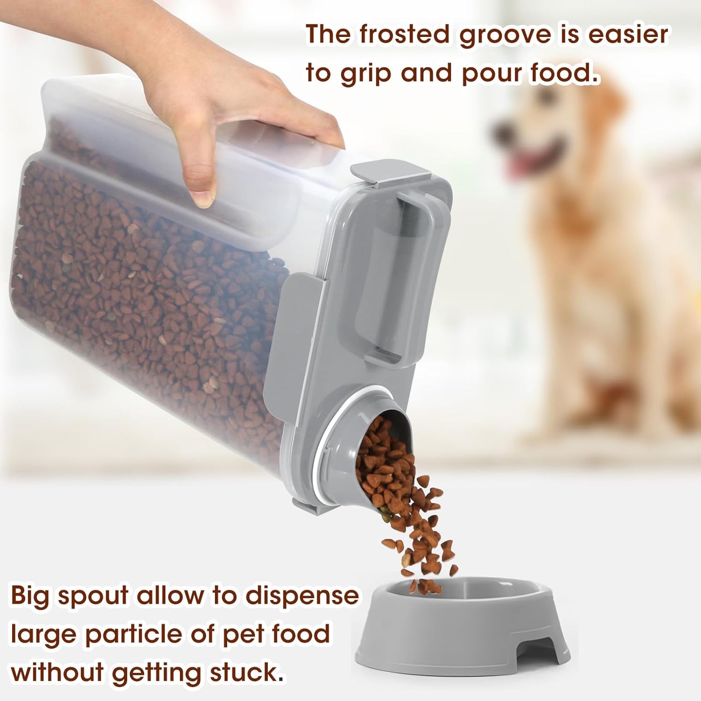 TBMax Dog Cat Food Storage Container 5 to 7 lbs, Airtight Pet Food Dispenser with Easy-Pouring Spout & Measuring Cup, Portable Kibble Container for Travel Dog Food Storage