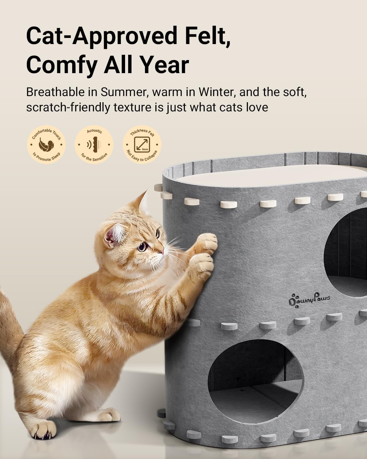 DownyPaws Cat House for Indoor Cats, 2-Storey Foldable Cat Bed Cave, Felt Cats Tunnel Bed Condo, Castle Kitten Cube Hideaway for Multicats, Scratch Resistant, Light Gray