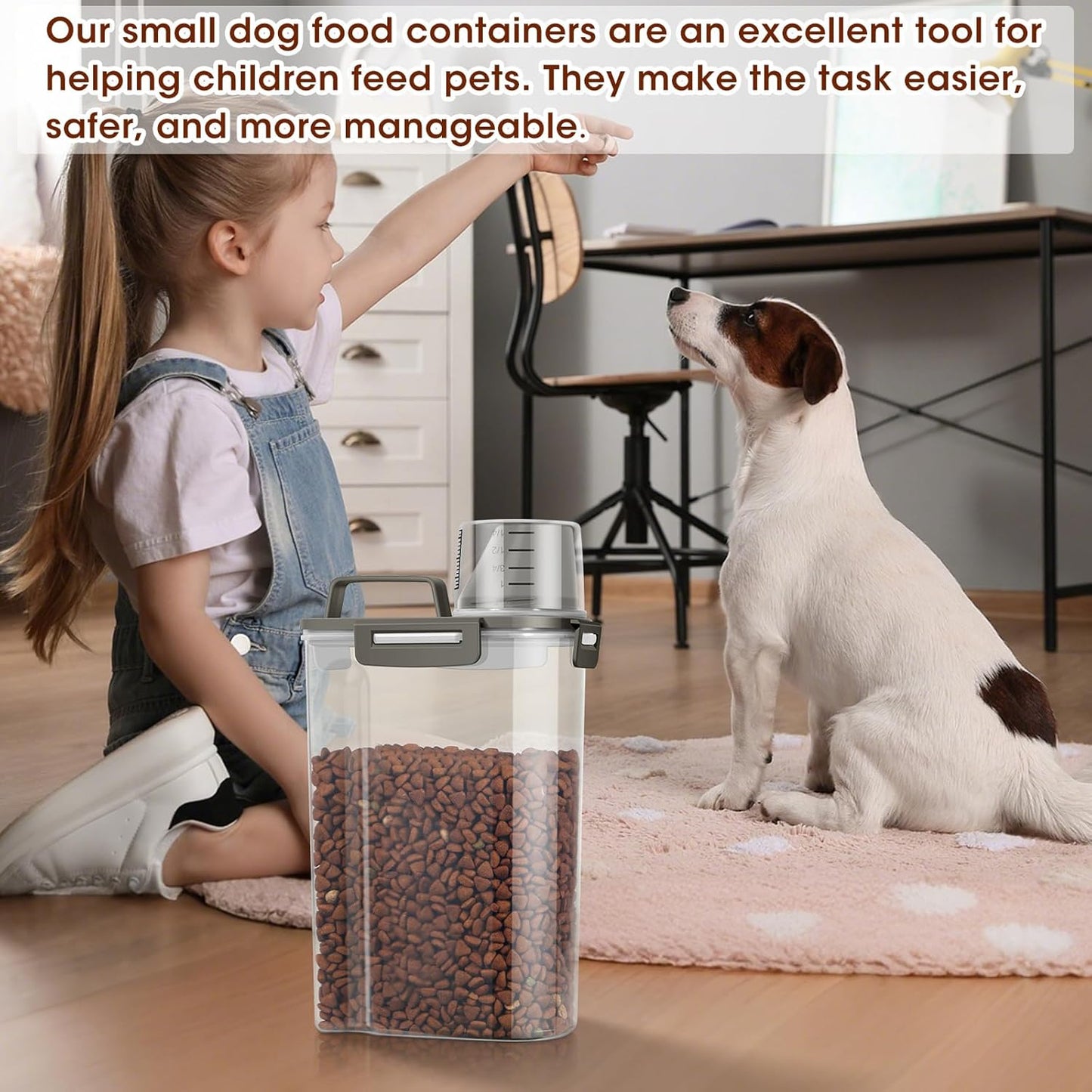 TBMax Small Dog Cat Food Storage Containers 2 Pack, Travel-Friendly Pet Food Container with Spout & Measuring Cup, Kid-Friendly Pet Feeding Dispenser, Portable Dog Treat Bird Seed Container -Grey