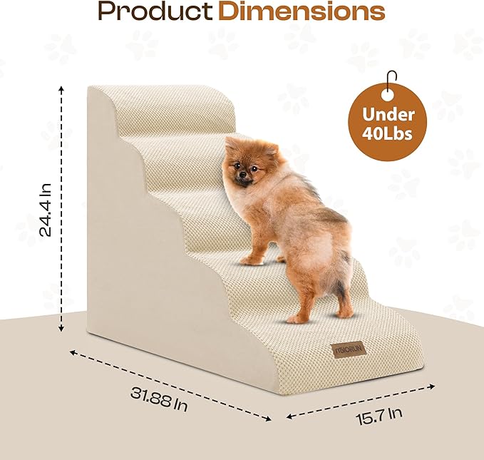 Dog Stairs for High Beds, Extra Tall 24.5" 5-Step Pet Steps for Medium & Small Dogs, Foam Ramp for Tall Couch & Bed, Washable Cover - Dog Steps for Bed