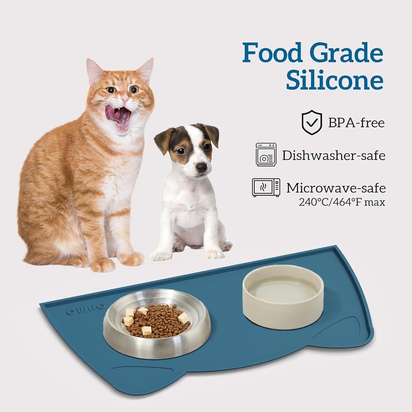 OHMO - Cat Food Mat, Silicone Pet Feeding Mat for Floor Non-Skid Waterproof Dog Water Bowl Tray, Easy to Clean Pet Placemat (Teal, 18 * 9.8'')