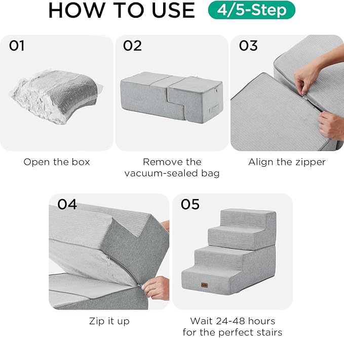 Made4Pets Dog Steps for Bed, Extra Wide Dog Stairs for High Bed Couch Sofa, 35D Foam Pet Steps for Small Dogs and Cats, Non-Slip Bottom Pet Stairs, Light Grey, 4 Steps