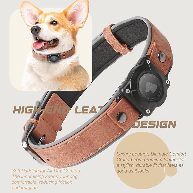AirTag Dog Collar - Leather Dog Collar with Air Tag Holder | IPX8 Waterproof, Reflective, High - End, Adjustable Soft Padded | Dog GPS Tracker Collars Fit for Medium Large Dogs (Mahogany Brown, M)