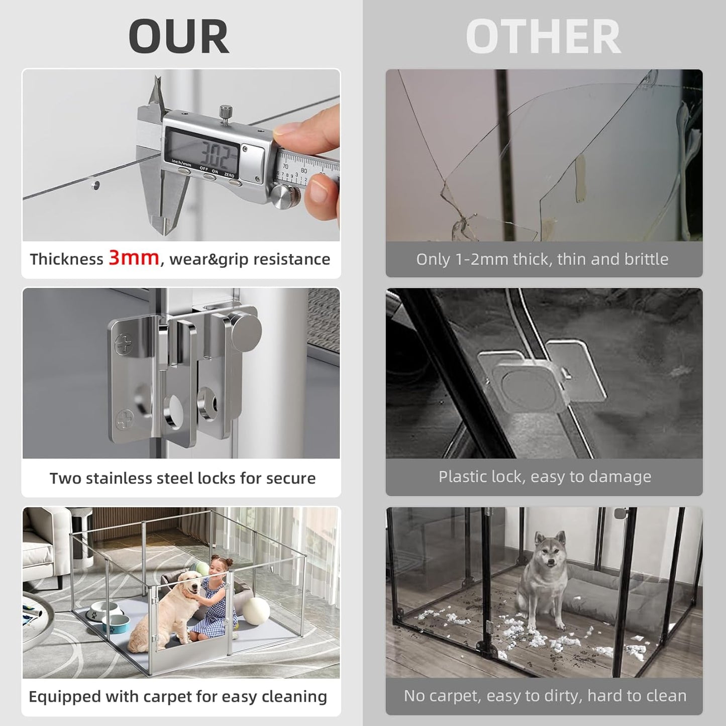 Dog Clear Playpen Fence Kennel: 32” Extra Tall Indoor Pet Birthing Cage Whelping Box with Waterproof Fertility Pad - 52”x52” Extra Large Dogs Exercise Crate Pen Made by Acrylic and Aluminum Frame