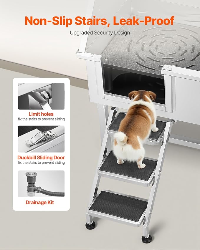 VEVOR Stainless Steel Dog Washing Station, 38 inch Pet Grooming Tub w/Storage Stairs, Faucet & Showerhead & Soap Holder Dog Bathtub for Medium & Small Pets (Left Door)