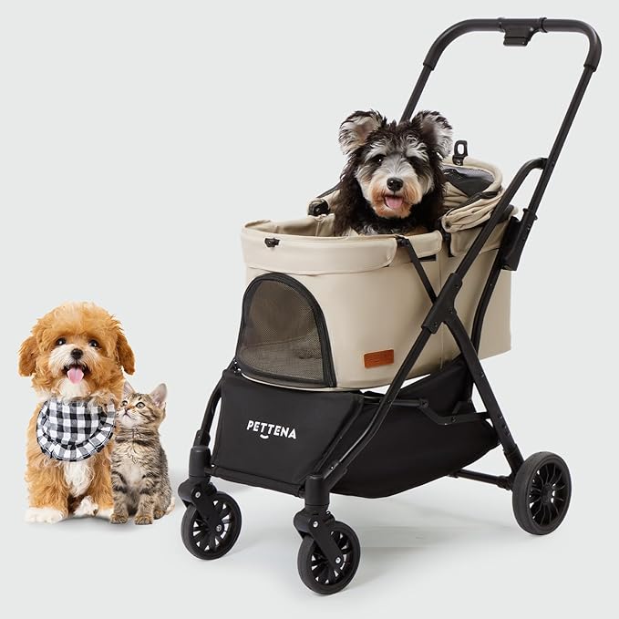 【One-Pull Open Ver.】 PETTENA Dog Stroller for Small Dogs, One-Touch Foldable Dog Stroller for Small/Medium Dogs Cats up to 44 Lbs, Khaki