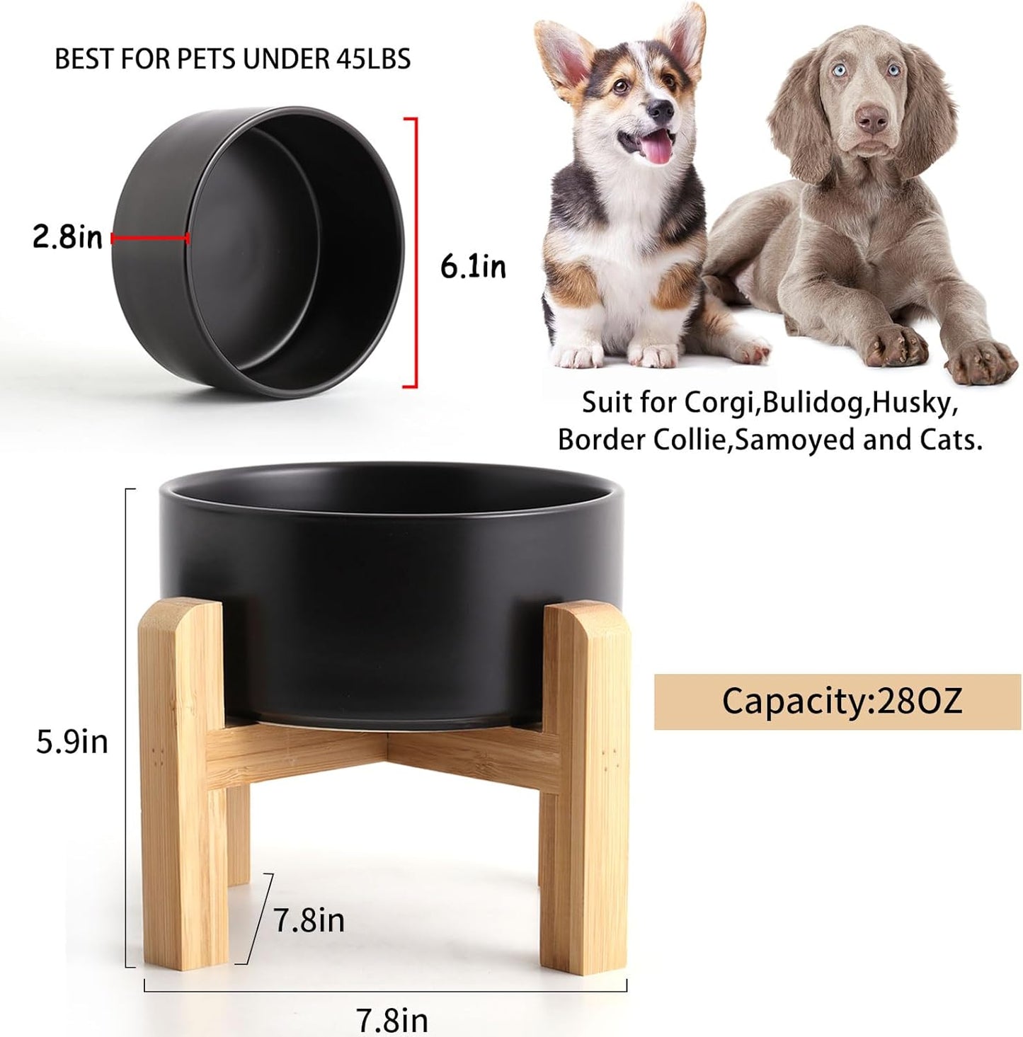 Petygooing 28 OZ Black Elevated/Raised Ceramic Dog Bowl for Small and Medium Breeds, Dog Food Water Dish with Stand,Pet Feeding Bowl with Anti Slip Rubber for Cats Small and Medium Dogs (3.6 Cups)