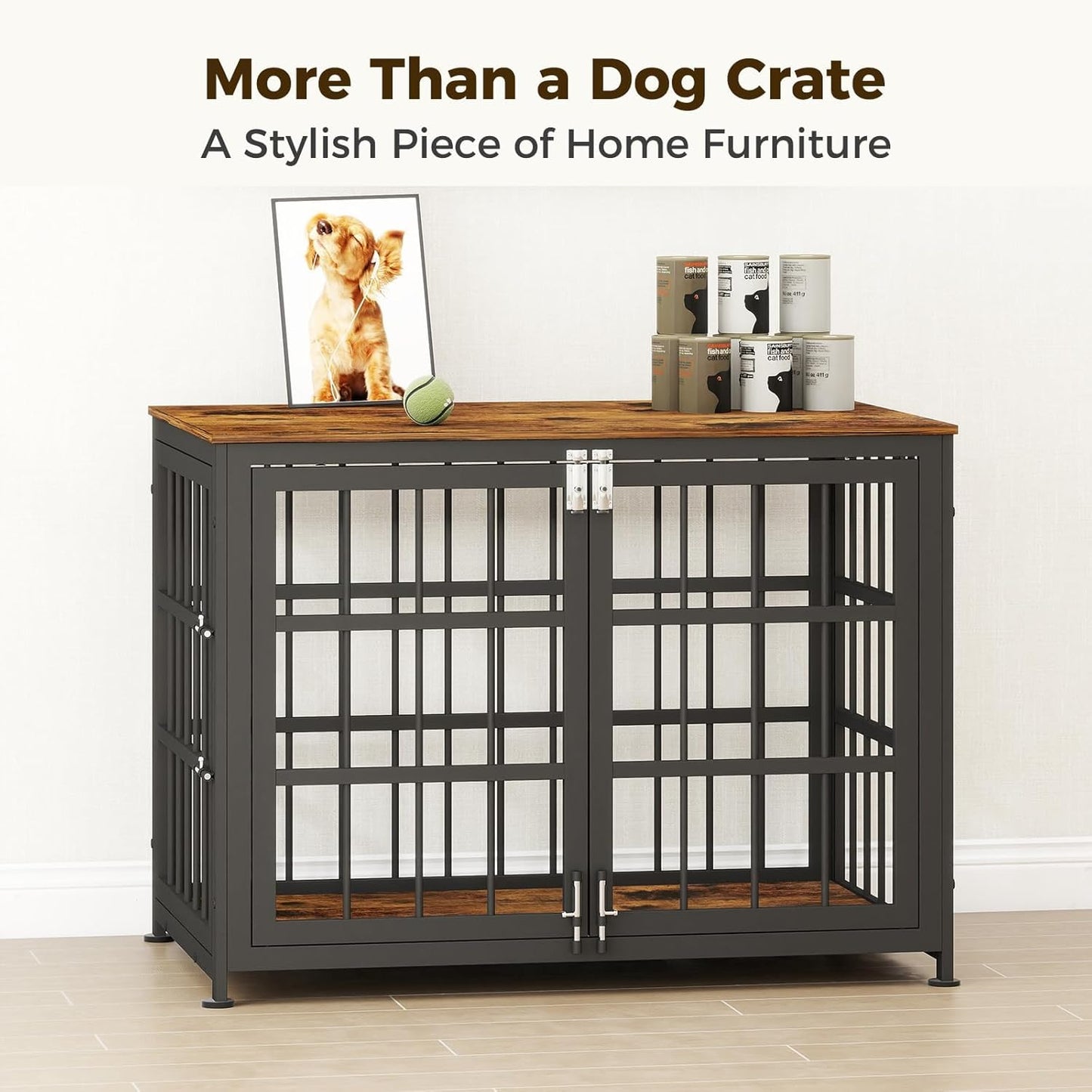 32 Inch Heavy Duty Wooden Dog Kennel End Table with Double Door Design and Secure Locks, Indoor Pet Crate Furniture for Medium Dogs, Decorative Home Cage Design,Aged Black