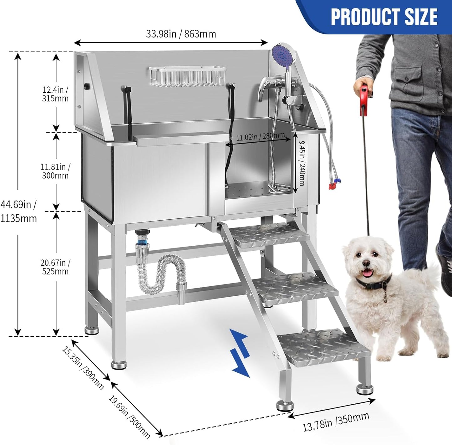 Professional Dog Washing Station, Stainless Steel Dog Bathing Station, Dog Wash Station, Storage Drawer, Upgrade Parts, Home, Commercial,34" R-RAMP