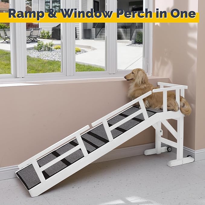 Dog Ramp for Bed or Couch, Wooden Pet Ramp with 20° Gentle Slope, Removable Side Rails, Non-Slip Surface, Top Platform & Wheels, Safe Bed Ramp for Small, Medium & Senior Dogs, 60" Long, White