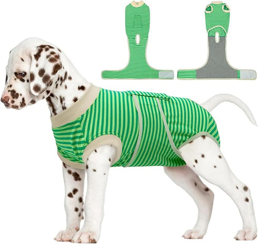 FUAMEY Dog Recovery Suit Male,Dogs Surgery Neuter Suits Puppy Spay Shirts for Female Protect Dog's Skin Anti Licking Abdominal Wounds Doggie Onesie Pet Bodysuit Alternative to Cone Green Stripes S