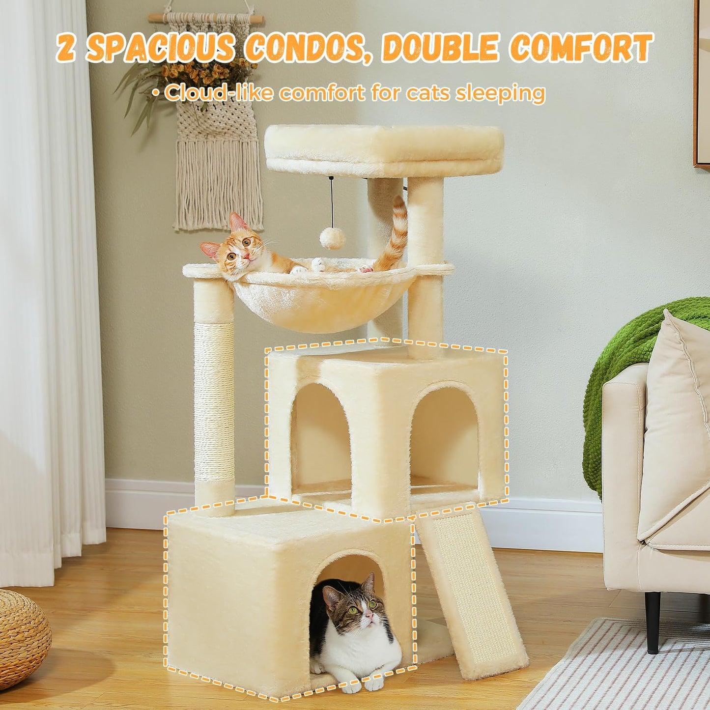 PAWZ Road Large Cat Tree, 41 Inches Multi-Level Cat Tower with 2 Spacious Condos for Indoor Cats, Large Cat House with Comfy Hammock, Padded Perch, Scratching Pad and Replaceable Balls